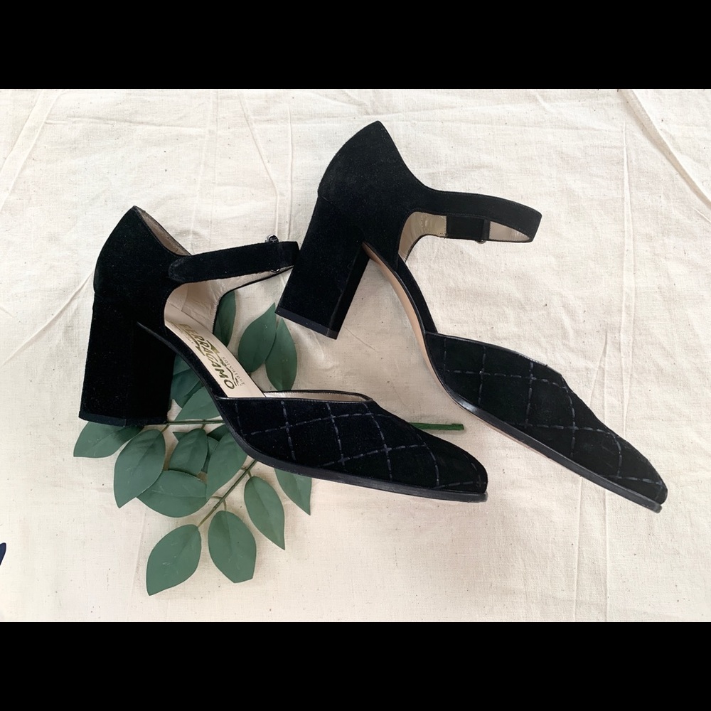 Ferrargamo Black Quilted Suede Block Strappy Heels